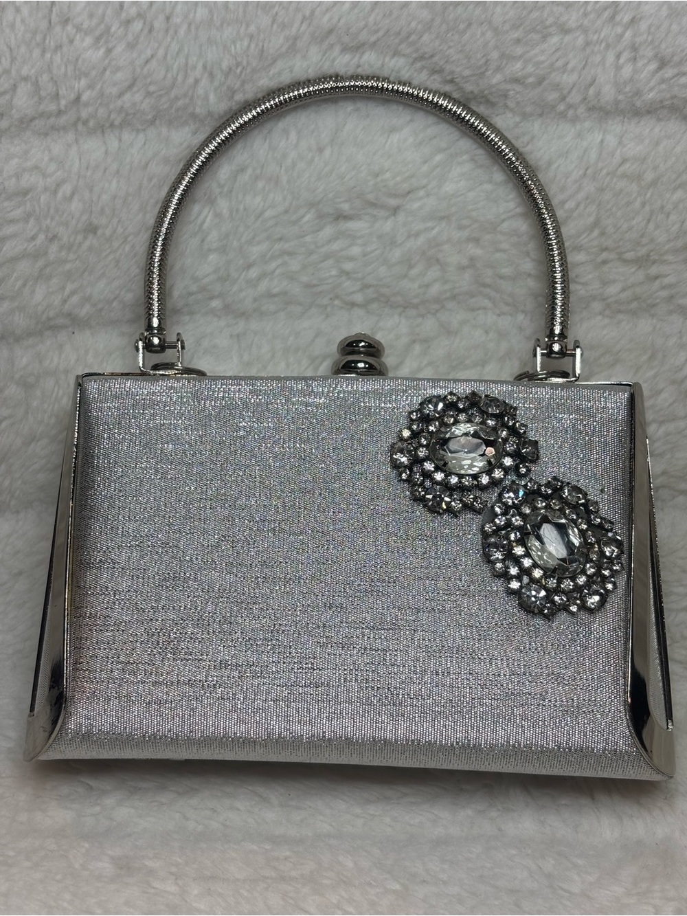 Vintage silver small evening bag with rhinestone flowers Purse